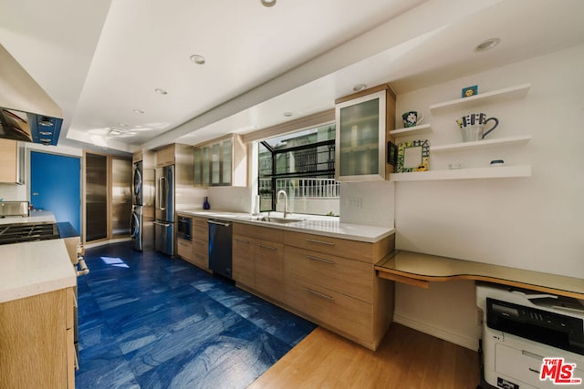 kitchen with stainless steel appliances, dark hardwood / wood-style floors, ventilation hood, and sink