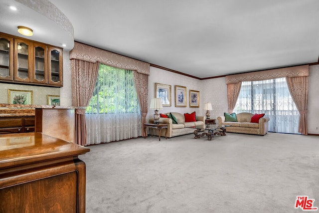 living room featuring ornamental molding, plenty of natural light, and carpet floors