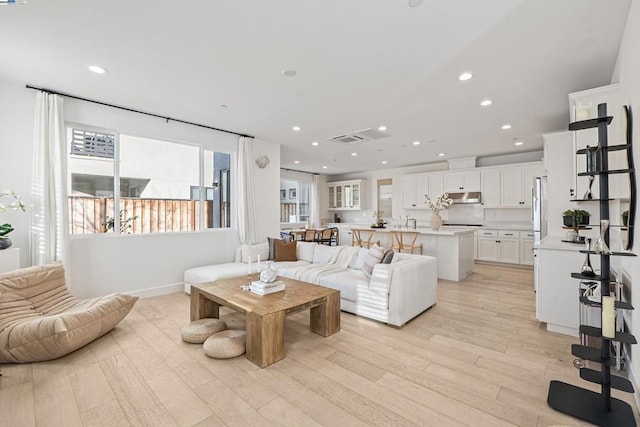 living room featuring sink and light hardwood / wood-style floors