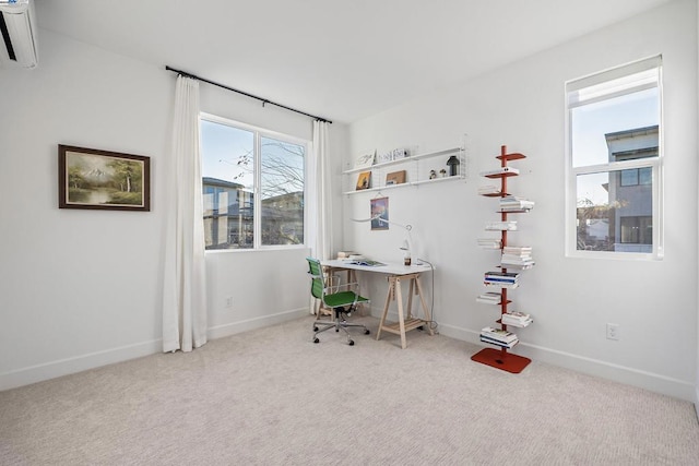 carpeted office space featuring a wall unit AC