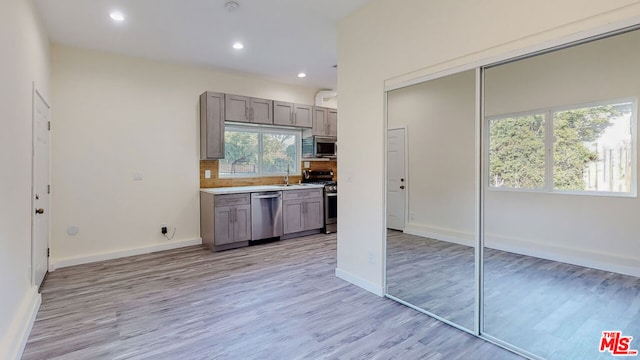 kitchen featuring appliances with stainless steel finishes, sink, light hardwood / wood-style floors, and decorative backsplash