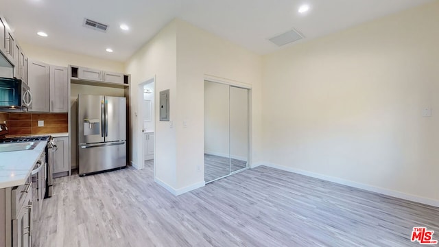 kitchen featuring tasteful backsplash, gray cabinetry, electric panel, light hardwood / wood-style floors, and stainless steel appliances