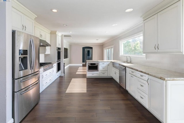 kitchen with appliances with stainless steel finishes, dark hardwood / wood-style floors, tasteful backsplash, ornamental molding, and kitchen peninsula