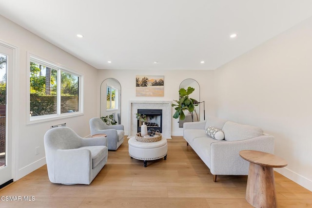 living room with a high end fireplace and light hardwood / wood-style floors