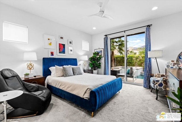 carpeted bedroom featuring ceiling fan and access to exterior