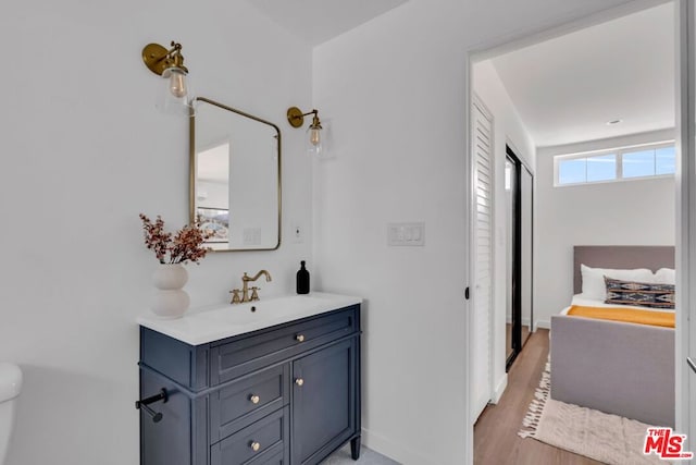 bathroom with vanity, wood-type flooring, and toilet