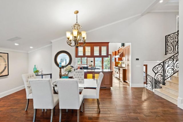 dining area with ornamental molding, dark hardwood / wood-style flooring, vaulted ceiling, and a notable chandelier