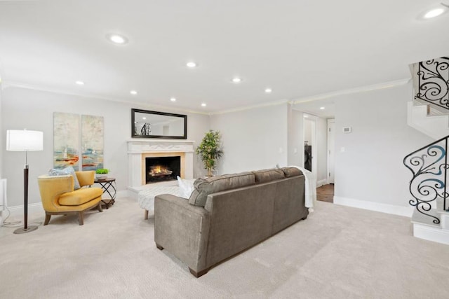 living room featuring light carpet and crown molding