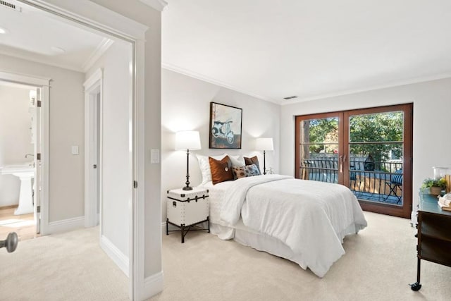 bedroom with crown molding, access to outside, and light colored carpet