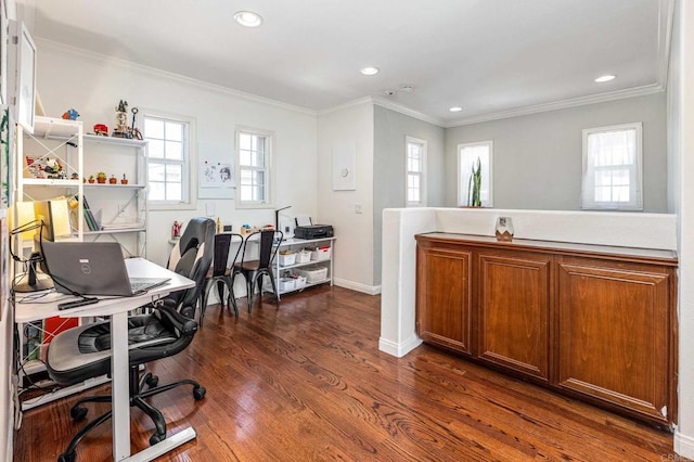 office with dark wood-type flooring and ornamental molding