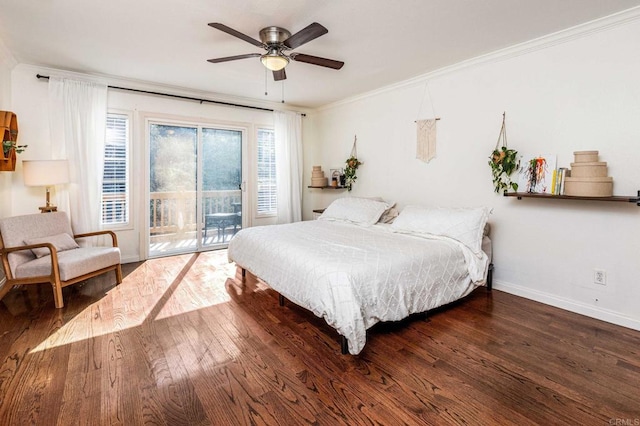 bedroom featuring access to exterior, dark wood-type flooring, ornamental molding, and ceiling fan