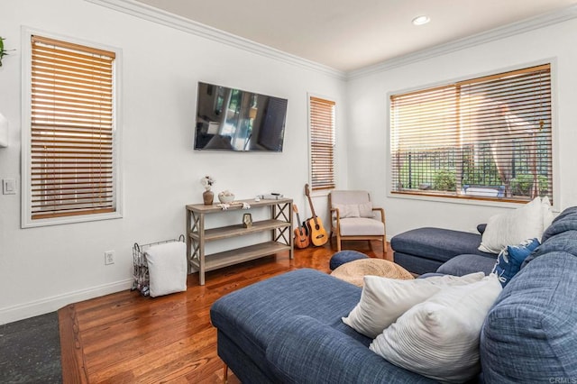 living room featuring crown molding and dark hardwood / wood-style floors