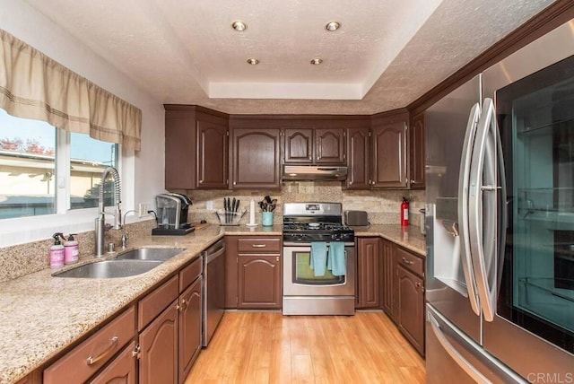 kitchen with stainless steel appliances, sink, light hardwood / wood-style floors, and a tray ceiling