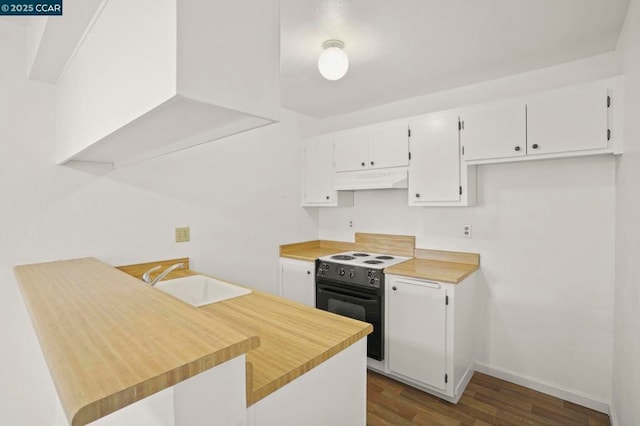 kitchen featuring sink, white cabinetry, dark hardwood / wood-style flooring, kitchen peninsula, and range with electric cooktop