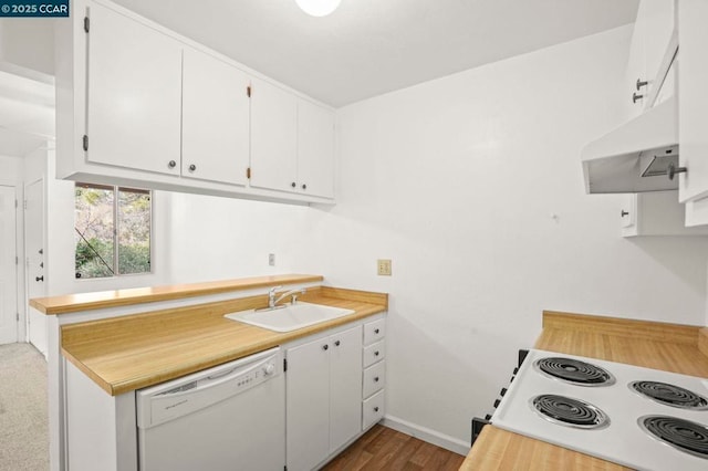 kitchen with range with electric stovetop, hardwood / wood-style floors, dishwasher, sink, and white cabinets