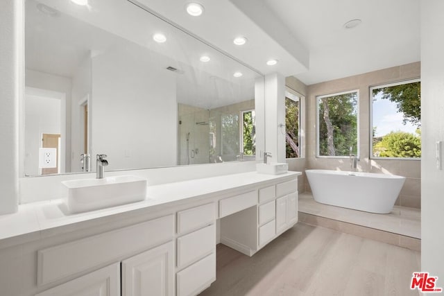 bathroom featuring vanity, hardwood / wood-style flooring, and plus walk in shower