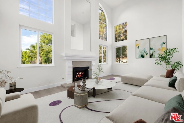 living room with a towering ceiling and light hardwood / wood-style floors