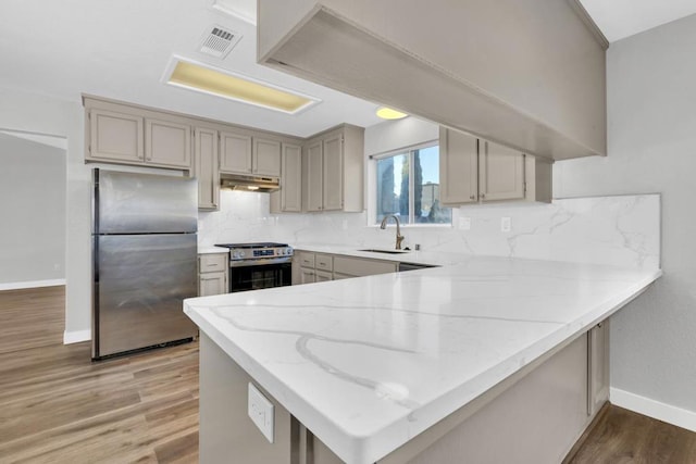 kitchen with sink, appliances with stainless steel finishes, kitchen peninsula, hardwood / wood-style floors, and backsplash