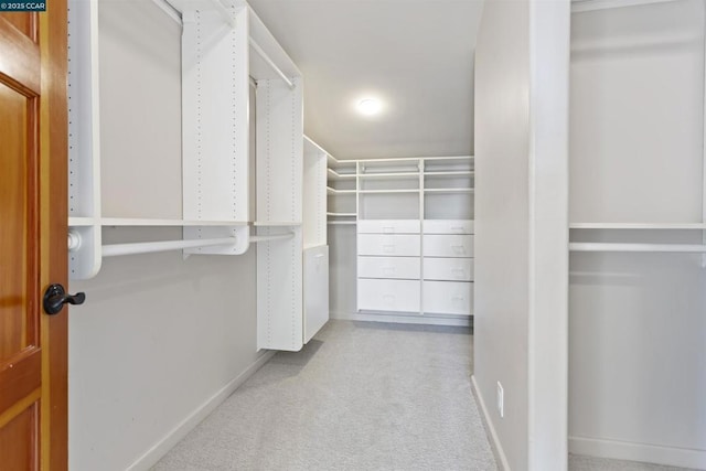 walk in closet featuring light colored carpet