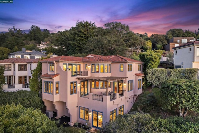 view of back house at dusk