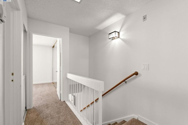 corridor with carpet floors and a textured ceiling