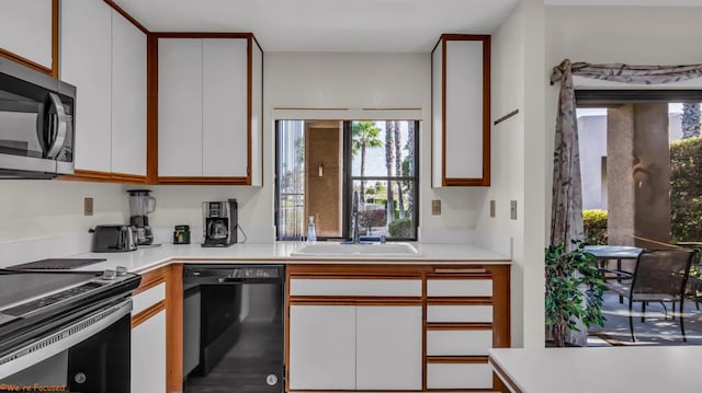 kitchen with black dishwasher, sink, white cabinets, and electric range