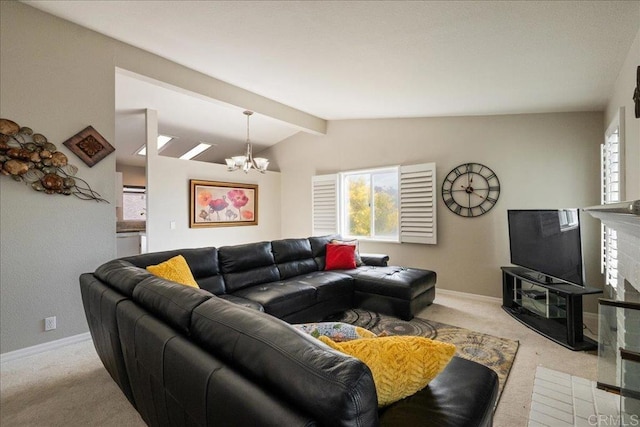 living area featuring vaulted ceiling with beams, an inviting chandelier, light carpet, and baseboards