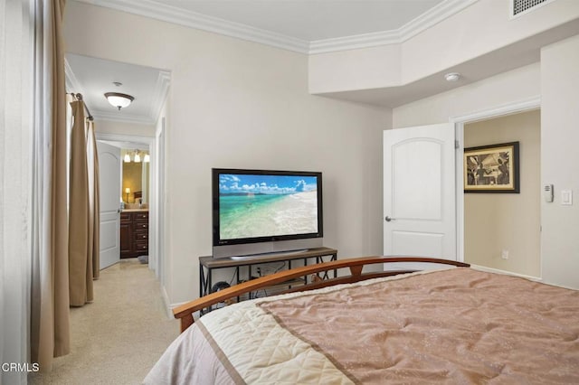 bedroom with crown molding and light carpet