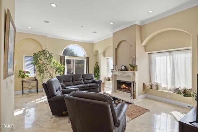 living room with crown molding