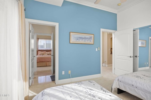 carpeted bedroom featuring ornamental molding and a closet