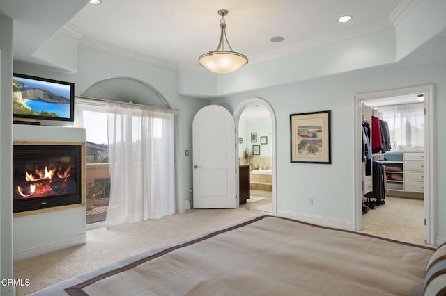 bedroom featuring multiple windows, a walk in closet, ornamental molding, and light carpet