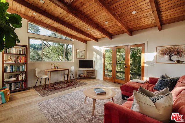 living room with light hardwood / wood-style floors, wood ceiling, lofted ceiling with beams, and french doors