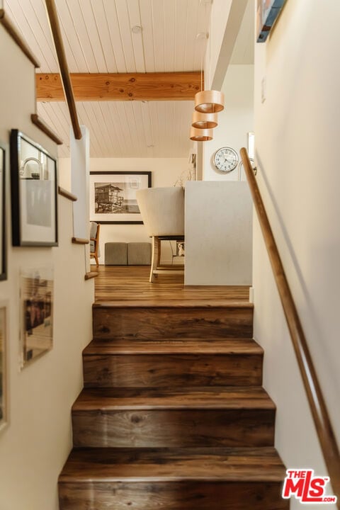 staircase with wood ceiling and beam ceiling