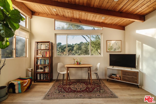 living area featuring wooden ceiling, light hardwood / wood-style flooring, and vaulted ceiling with beams