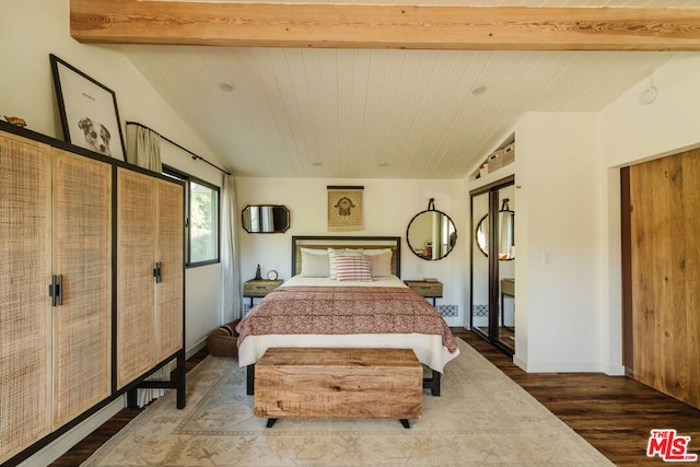 bedroom with dark wood-type flooring, wood ceiling, and vaulted ceiling with beams