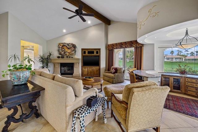 tiled living room with beamed ceiling, ceiling fan, and high vaulted ceiling