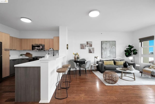 kitchen with dark wood-type flooring, a kitchen breakfast bar, kitchen peninsula, and appliances with stainless steel finishes