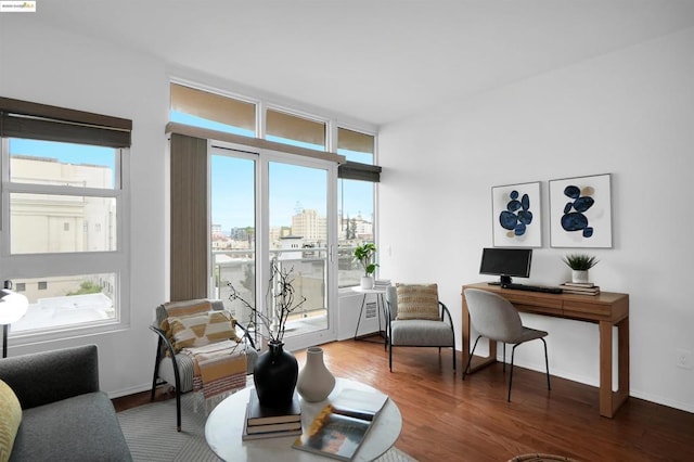 living area with plenty of natural light and dark hardwood / wood-style flooring