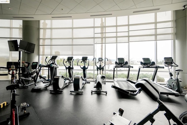 gym with a wall of windows