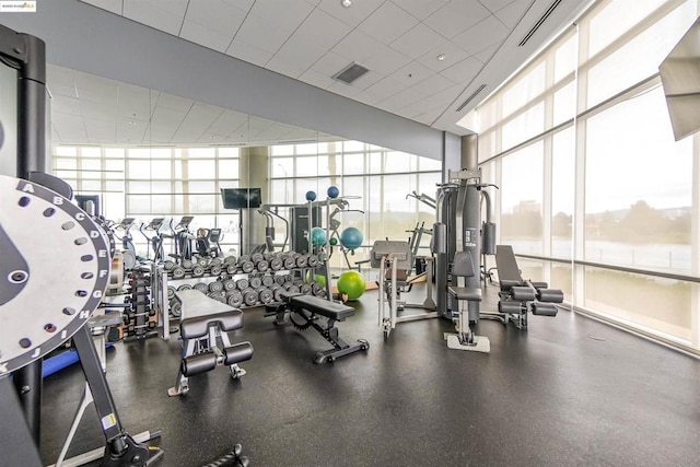 workout area with a wall of windows and a wealth of natural light