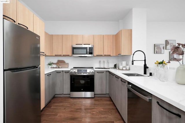 kitchen featuring sink, stainless steel appliances, dark hardwood / wood-style floors, and light brown cabinets