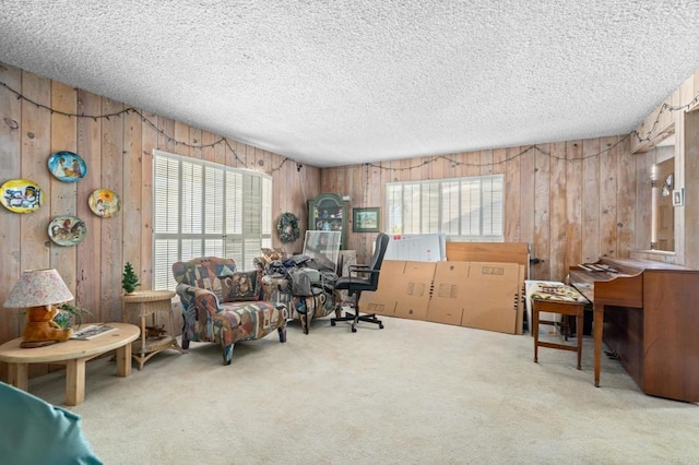 home office featuring carpet, wooden walls, and a textured ceiling