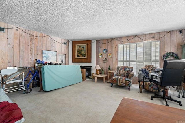 living room with a textured ceiling, carpet, and wood walls