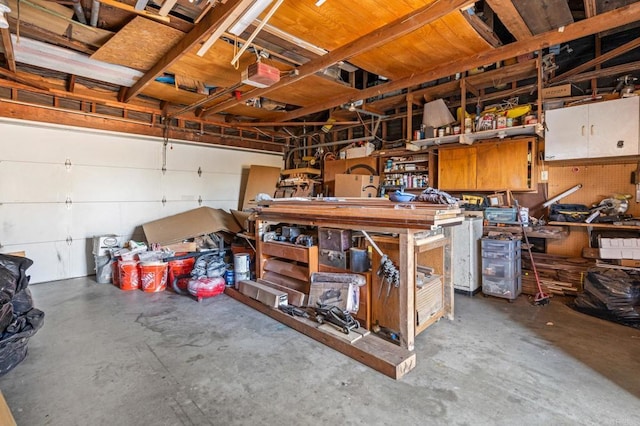 garage with a garage door opener and a workshop area