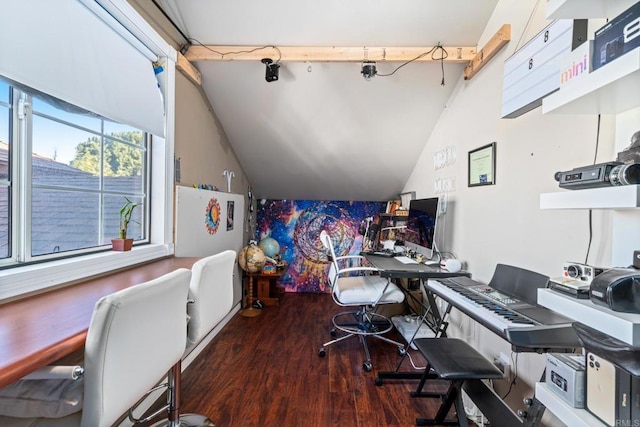 office featuring lofted ceiling and dark hardwood / wood-style floors