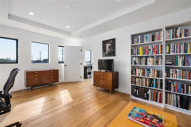 interior space featuring a tray ceiling and hardwood / wood-style flooring