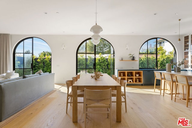 dining area featuring plenty of natural light and light hardwood / wood-style flooring