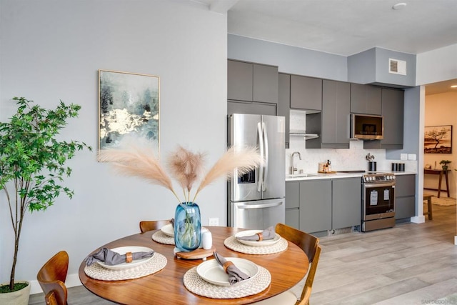 kitchen with sink, gray cabinetry, light wood-type flooring, stainless steel appliances, and decorative backsplash