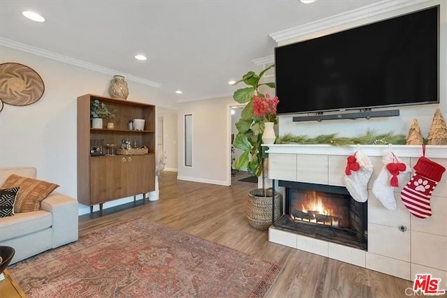 living room featuring ornamental molding, a fireplace, and wood-type flooring