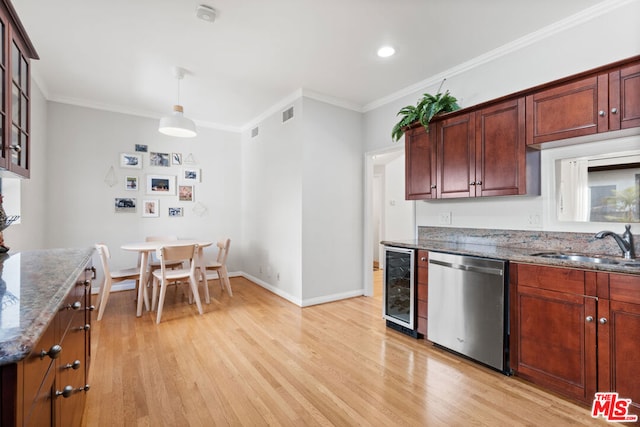 kitchen with sink, decorative light fixtures, light wood-type flooring, stainless steel dishwasher, and beverage cooler